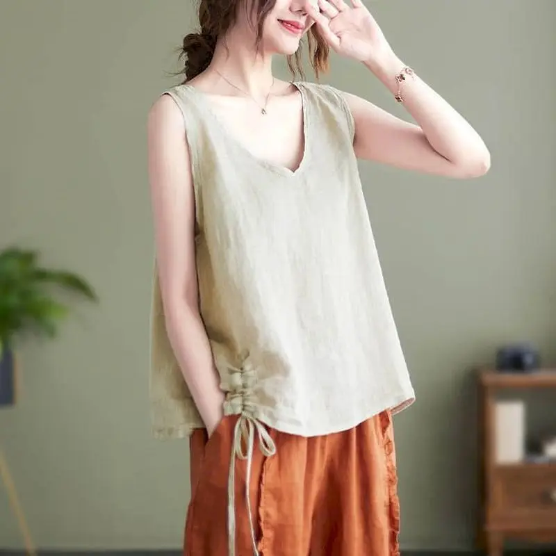 Хлопковые льняные жилеты женские летние корейские стильные повседневные