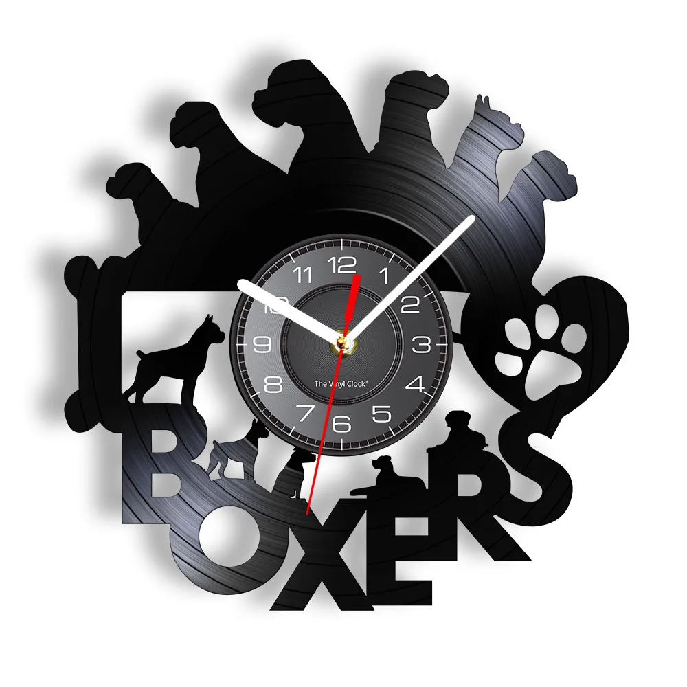 I Love Boxes Dog Silhouette Laser Cut Vinyl Record Wall Clock Boxer Dog Breed Wall Art Vintage Wall Clock Puppy Dog Timepiece
