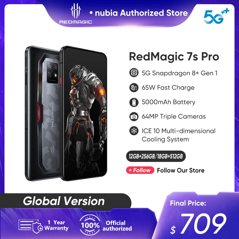 

Global Version Nubia RedMagic 7S Pro Gaming Phone 6.8 inch Under Camera Snapdragon 8+ Gen 1 Octa Core 64MP Triple Cameras NFC