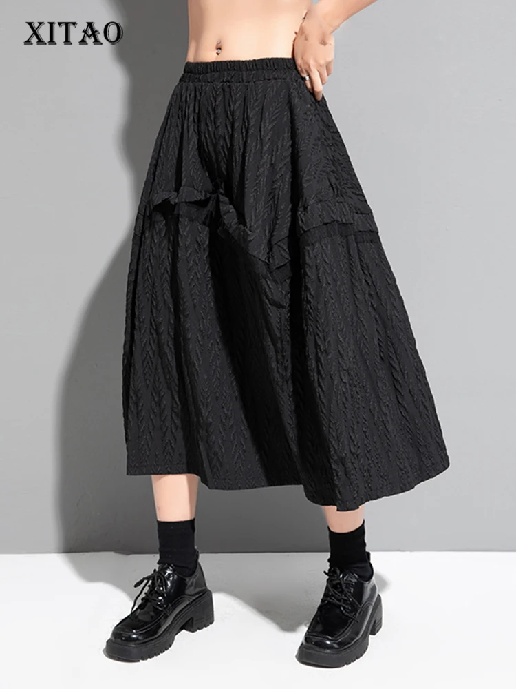 

XITAO Patchwork Pleated Skirts Women Korea Personality Fashion Loose Elastic Waist Skirts 2023 Summer New Arrival DMJ1073