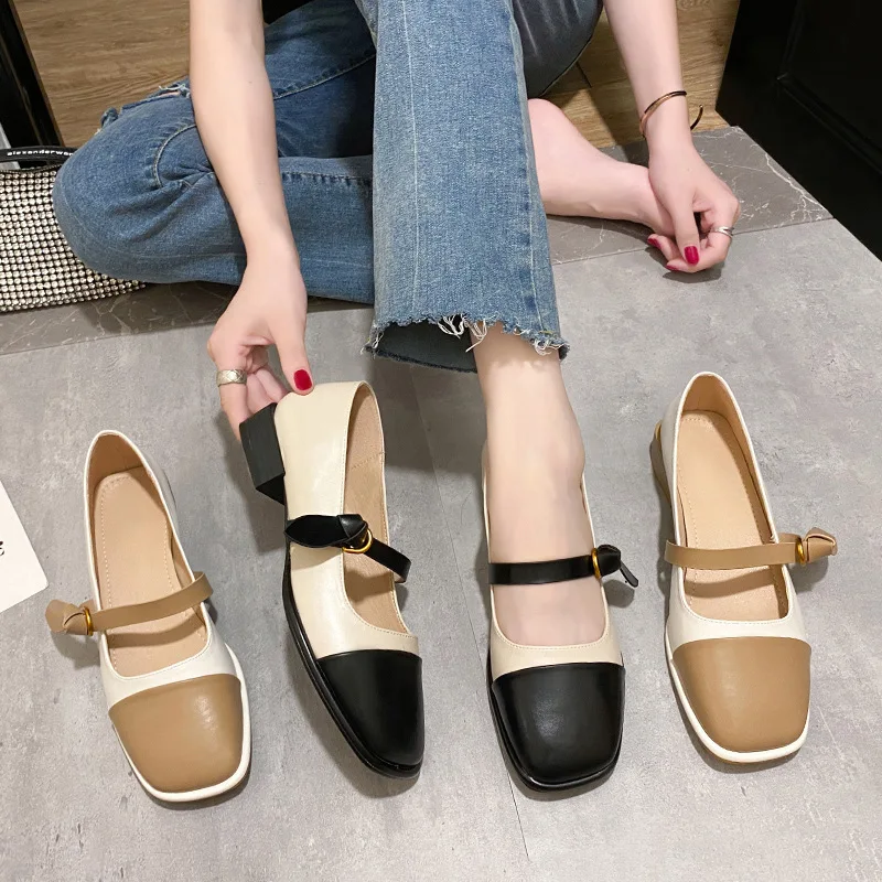 

Spring and autumn new French low heel single shoes women's fashion color rough heel buckle belt Mary Jane shoes
