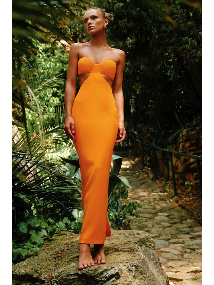 

Sexy Strapless Cutout Backless Long Bandage Dress Women Black Orange Sleeveless Hollow Out Bodycon Dress Celebrity Party Dresses