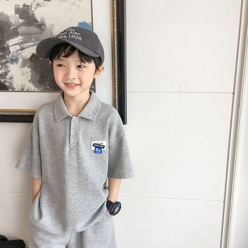 Boys Summer Suit 2022 New Casual All-Match Gray Children's Summer Short-Sleeved T-shirt Boy Two-Piece Suit