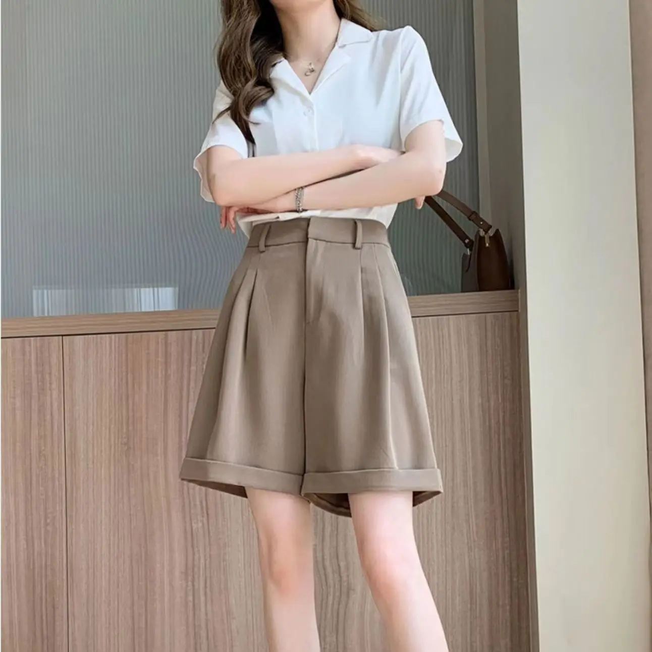 2023 Summer Causal Shorts for Women Korean High Elastic Waist Suits Loose Shorts with Pockets Zipper Short Shorts Female W32