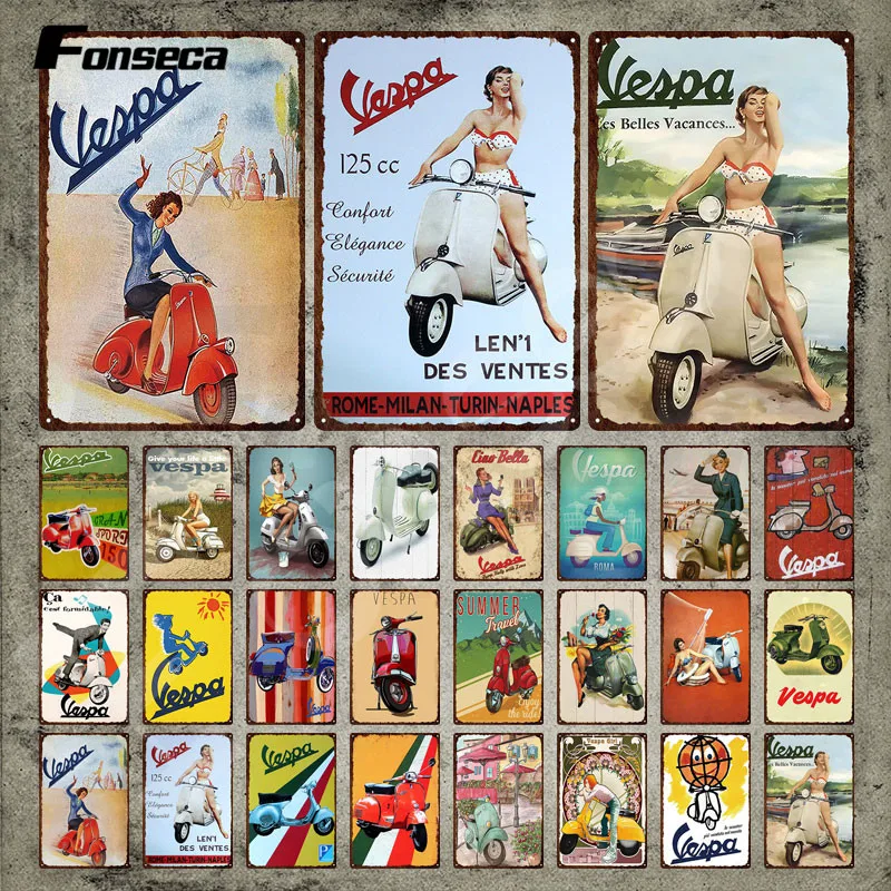 

Motorcycle Metal Sign Famous Italian Scooter Brand Vintage Tin Sign Metal Poster Plaque Retro Tin Plate for Garage Decoration