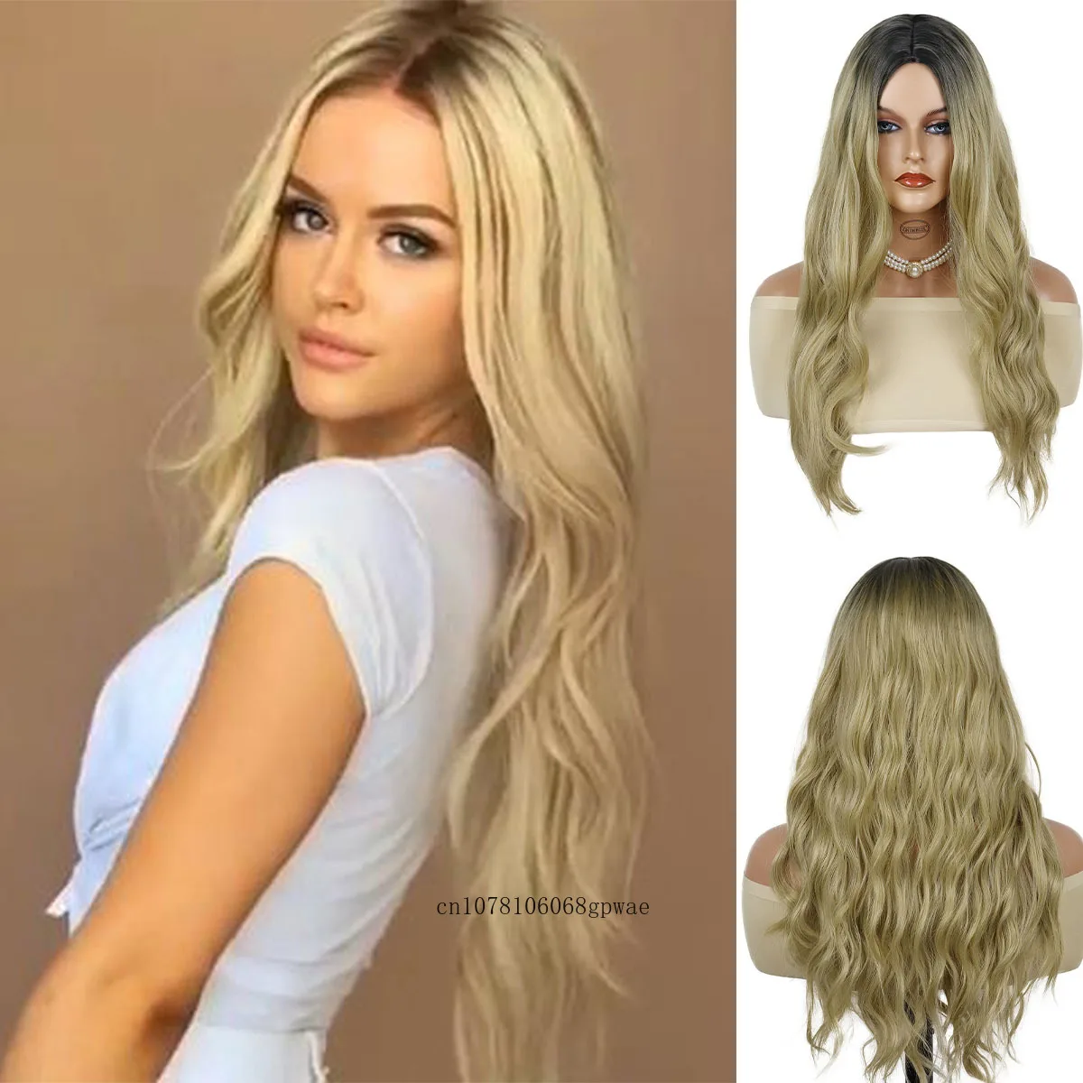 Длинные вьющиеся волнистые парики Синтетические волосы Ombre Blonde с темным корнем