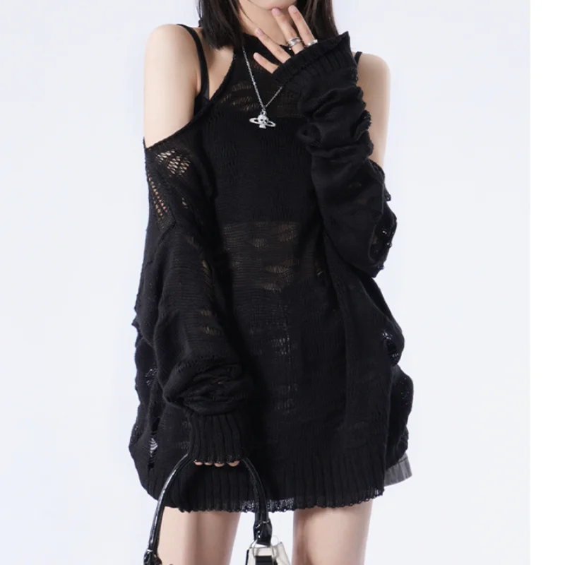 

Black Ripped Mesh Sweater Women Knitted Jumper Off-shoulder Knitwear Korean Fashion Streetwear