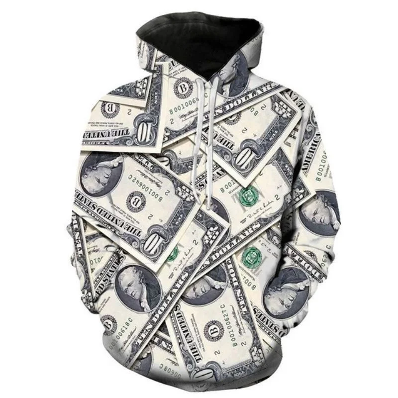 3D Printed Dollar Bill Hoodies For Men Personality Pattern Pullovers 3d printed dollar bill hoodies for men personality pattern pullovers
