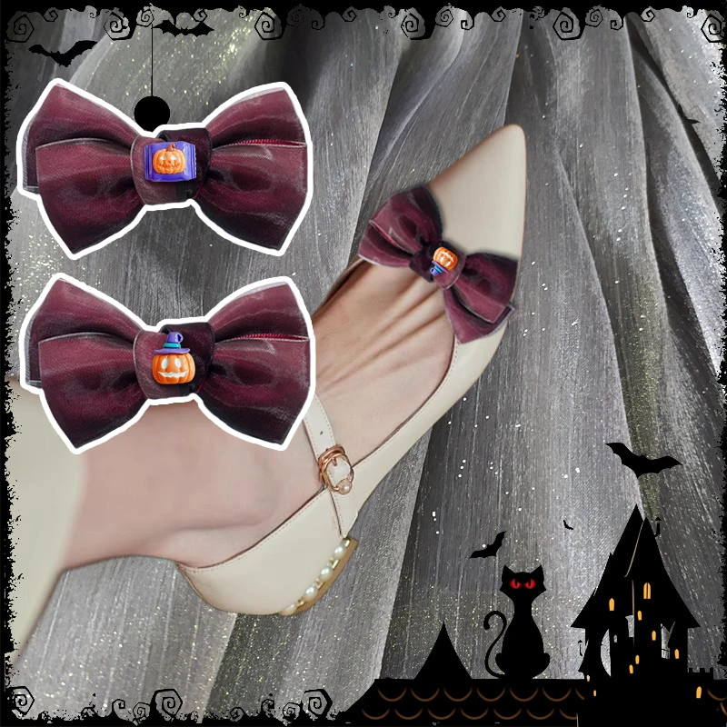 

2 Pcs 3D Pumpkin Shoe Embellishment Halloween Red Bow Shoe Clips Detachable Pumps Shoe Decoration for Women DIY Accessories