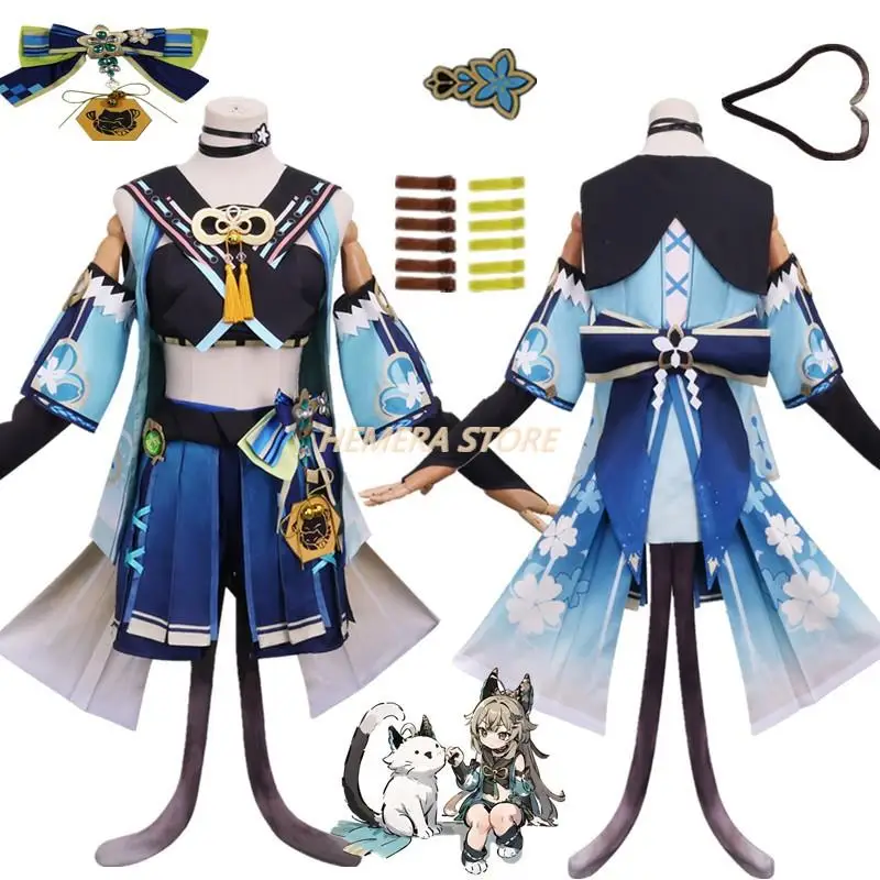 

Костюм для косплея Genshin Impact Kirara, костюм с ушками Kirara, женский парик, игра курьера, кошка на Хэллоуин, искусственная роль