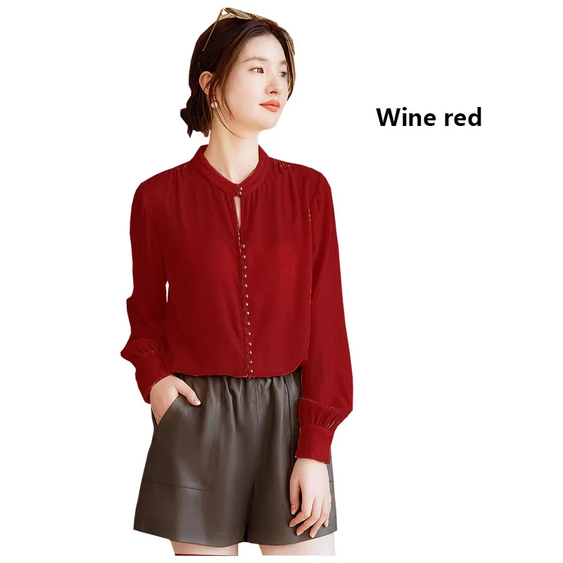 Весенне-осенняя шелковая бархатная розовая рубашка с длинными рукавами блузка