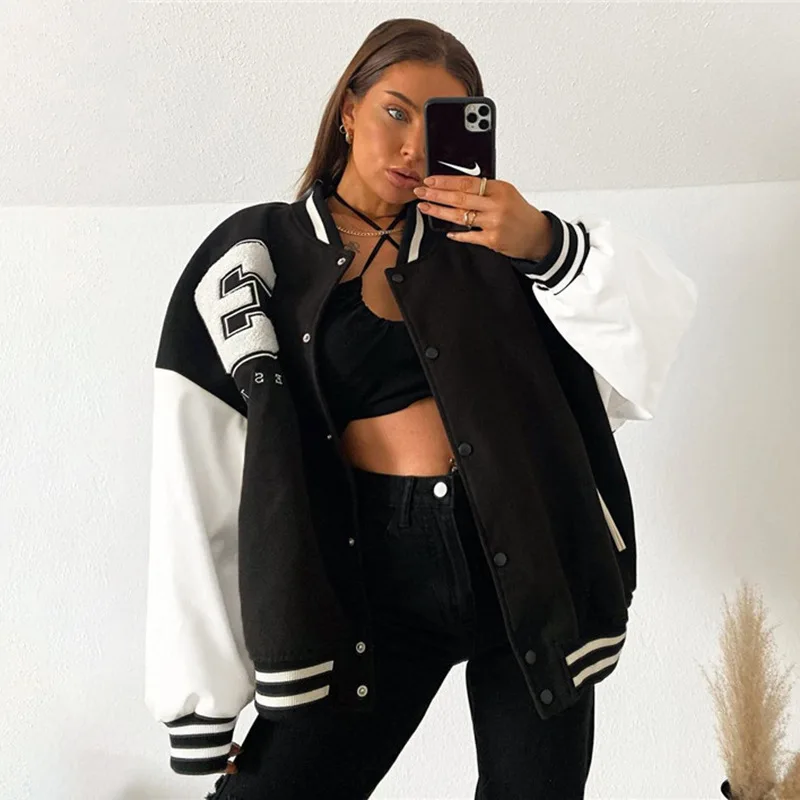 

Autumn Winter Oversized Jackets Women 2022 Fashion Letter Embroidery Baseball Varsity Black Loose Long Sleeve Y2K Coat PU Sleeve