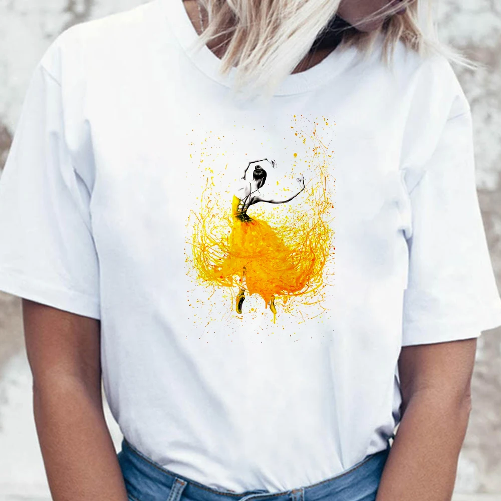 

Ballet Orange Splash-ink Dance Dress Printing Women T Shirts Beautiful Graphic Tee 2022 Lady Fashion White Clothes Free Shipping