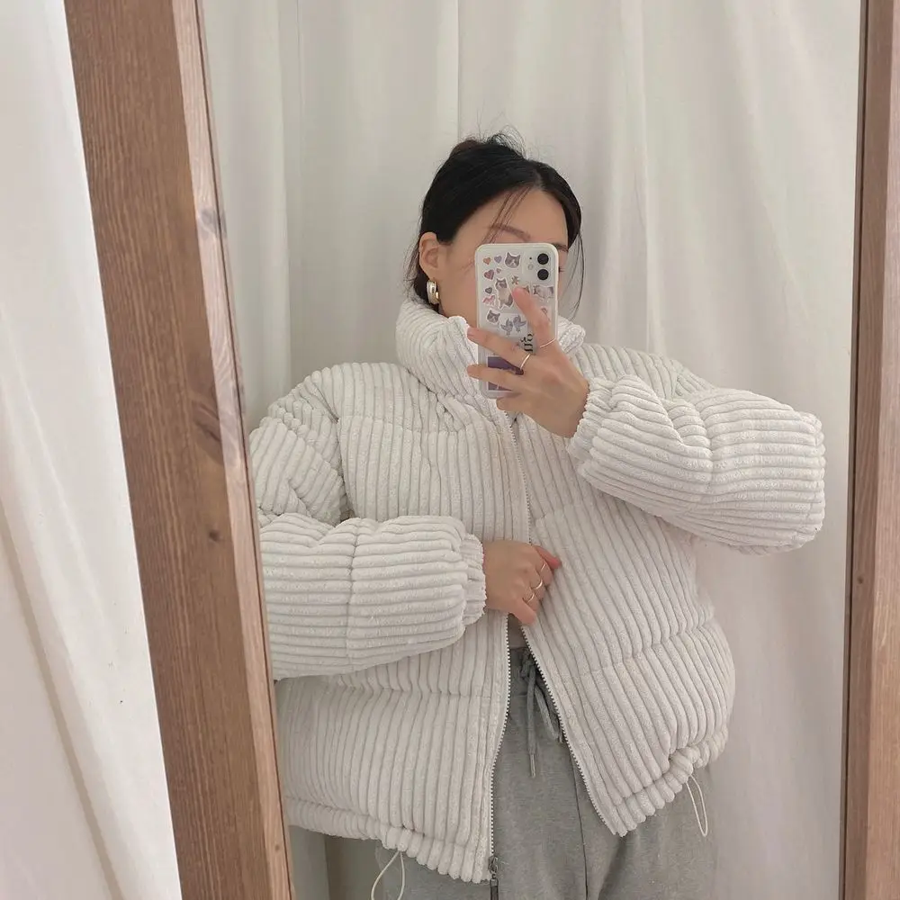 Winter Crop Corduroy Jacket Women Korean Chic Fashion Parka Femme 2023 Fashion New Thick Warm Bubble Coats Cotton Coats Parkas