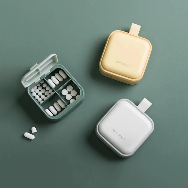 

Portable Medicine Box with Lid Mini Sealed Dustproof Pill Dispenser Storage Case Travel 4 Grids Tablet Sub-box Drug Container