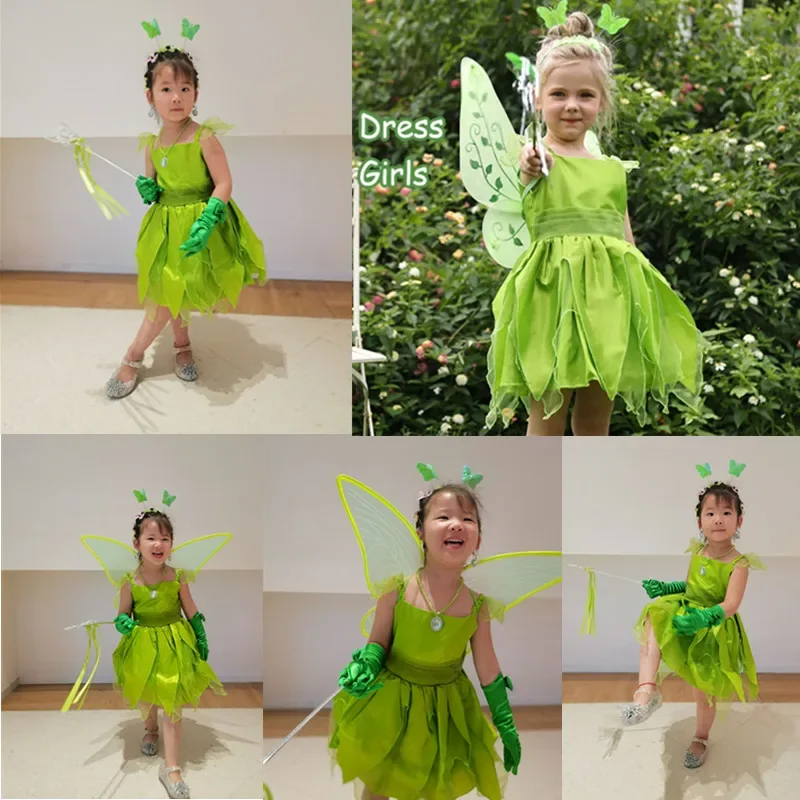 Girls Fairy Tinker Bell Costume Halloween Carnival Elves Party Peter Pan Cosplay for Kids Green Tinkerbell Fancy Dresses