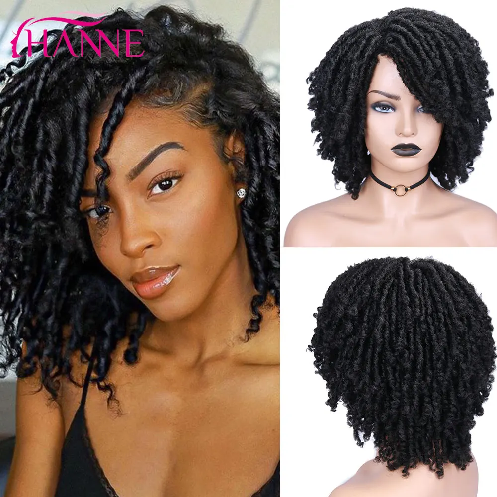 HANNE Short Dreadlock Wig Faux Locs Black/Brown Synthetic Wigs Braiding Crochet Twist Hair Wigs On Sale Clearance For Women/Man