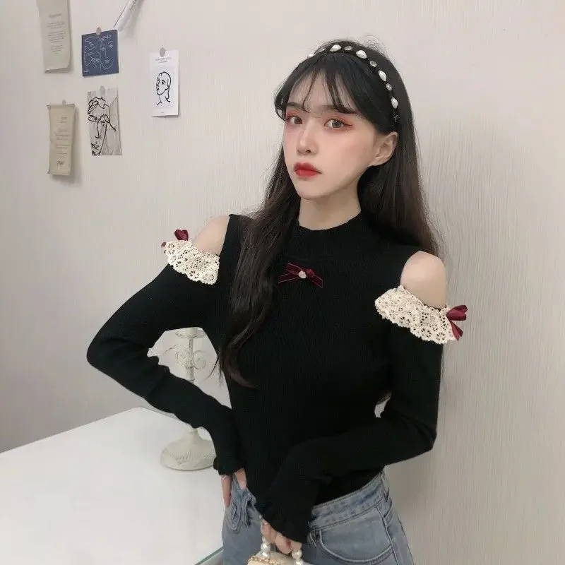 Свитера женские кружевные милые в японском стиле вязаные сексуальные тонкие
