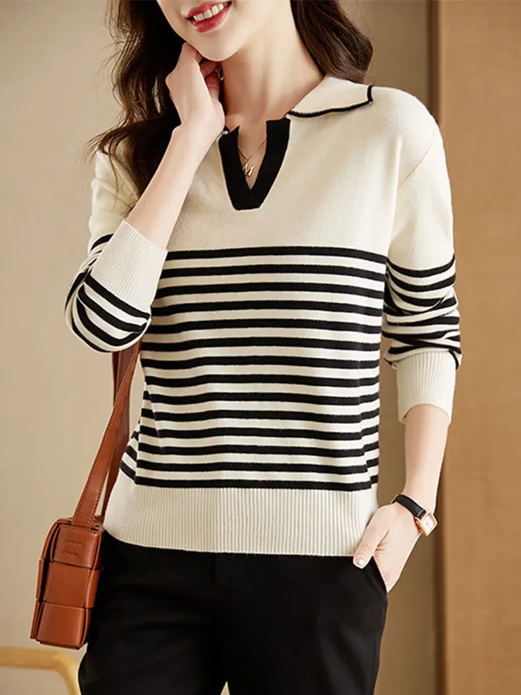 

Striped Sweater For Women Pullover Polo Neck Loose Long Sleeve Knitted Pull Femme Vintage Womens Winter Clothes 2022 Sweaters