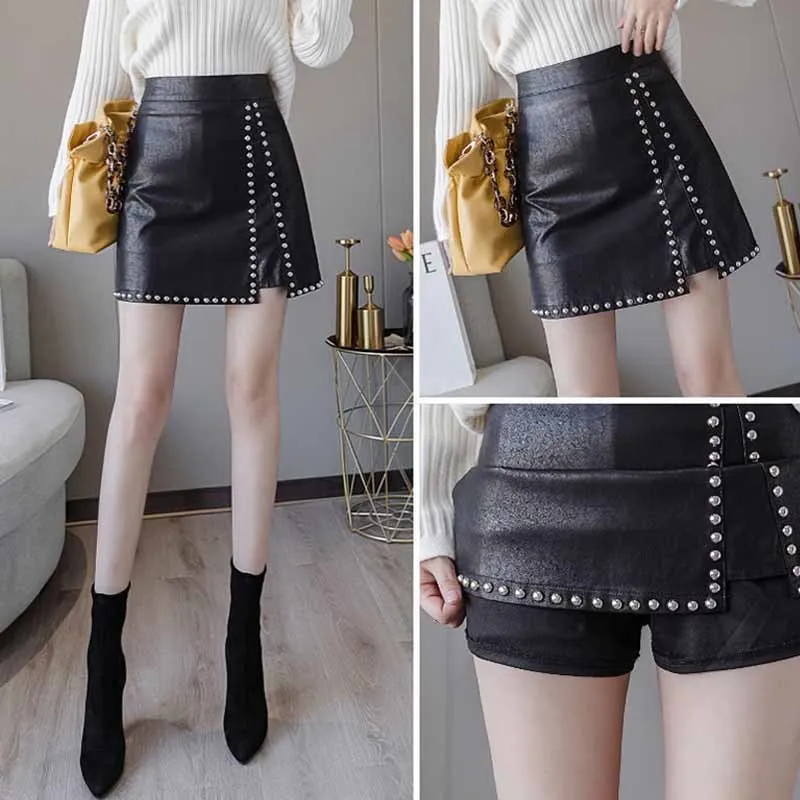 

Black Womens Studded Pu Leather Skirt With Rivets High Waisted A-Line Mini Skirt Cool Punk Style