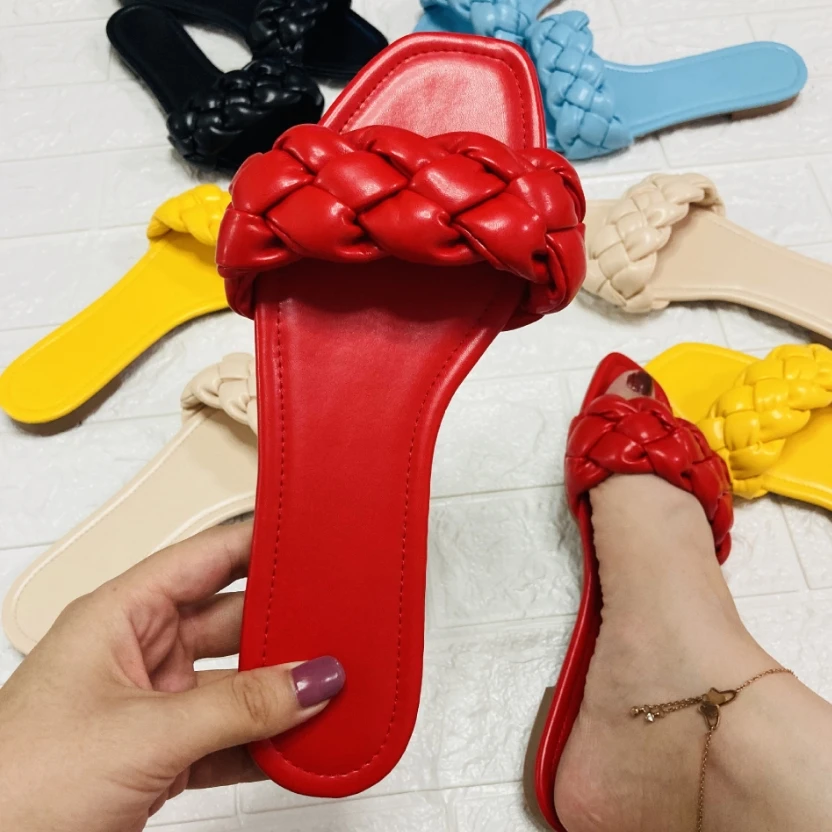 

2022 Summer Fashion New Women's Sandals Candy Color Woven Slippers Ladies Casual Flat Shoes Plus Size 36-42