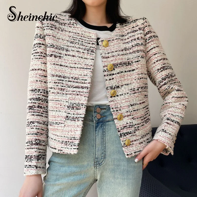 

Женская твидовая куртка с круглым вырезом, Осень-зима