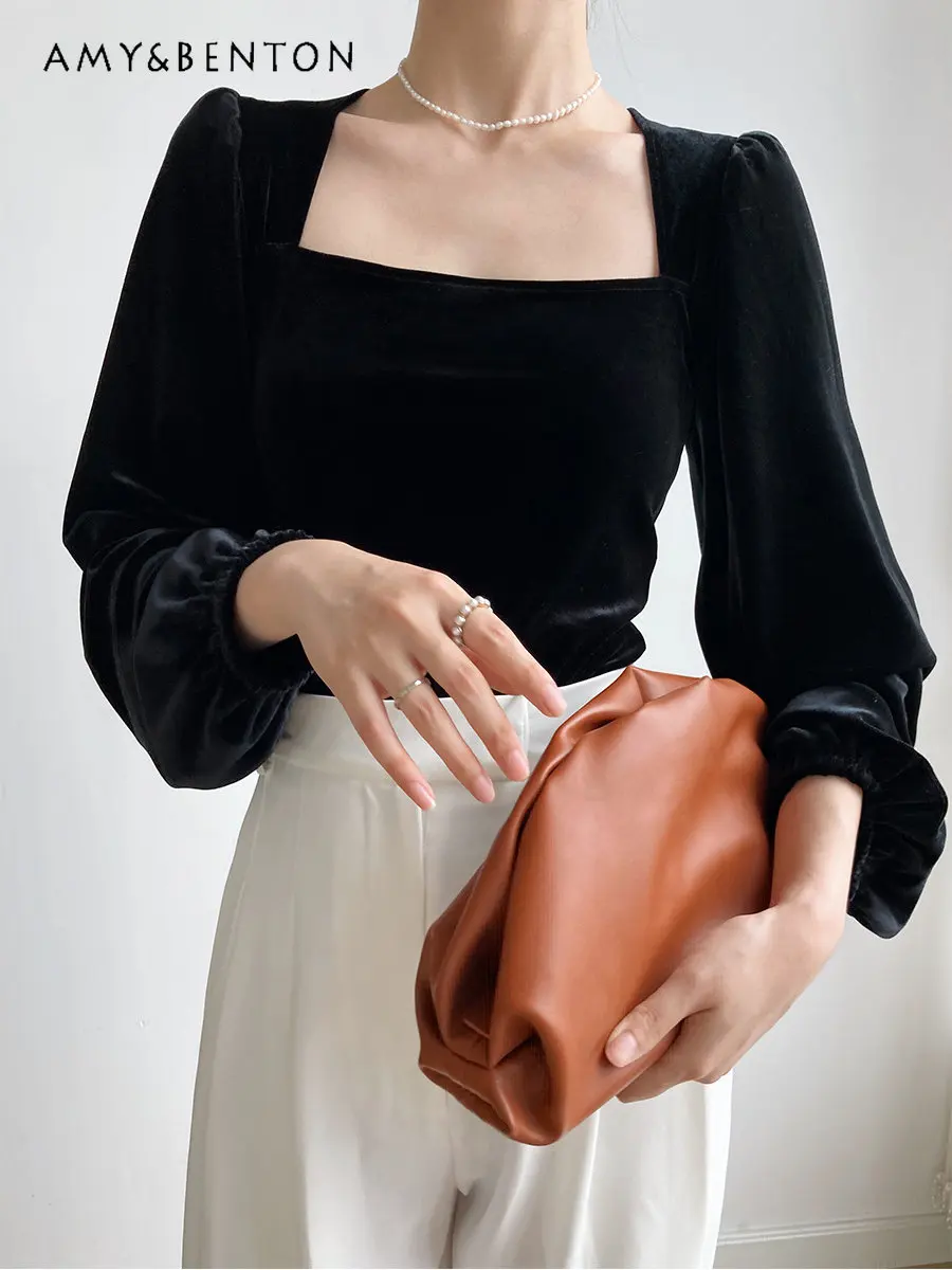 

Black Pleuche Square Collar Shirt Women's Spring Autumn Young Design Sense Puff Long Sleeve Blouse Outer Wear Off-Shoulder Top