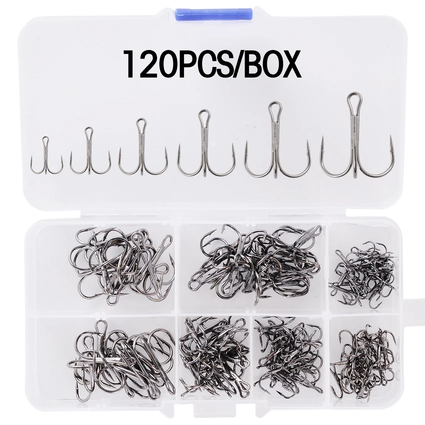 

120/50pcs High Carbon Steel Treble Fishing Hooks Blank Hard Lure Round Bent Triple Artificial Lure Fishhooks Set With Box