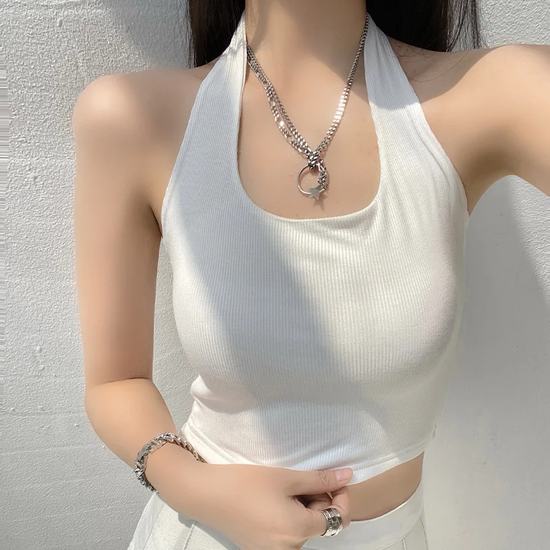 

2022 White Halter Sexy Backless Tank Tops for Women Streetwear Sleeveless Black Ribbed Knit Vest Top Cropped Feminino Wholesale