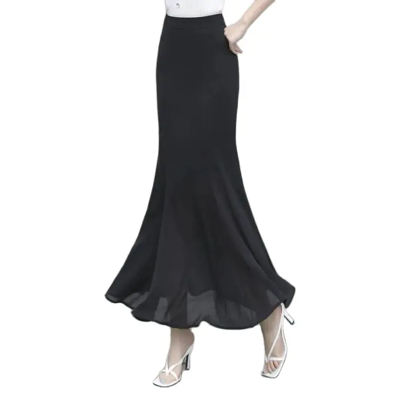 

Women's Summer Black Long Skirt High Waist Hip Broken Flower Fashion Slim Fishtail Skirts Office Lady Elegant Woman Clothing2023