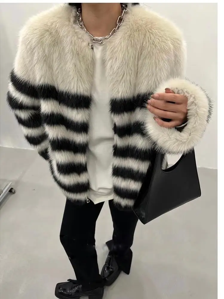 Imitation Fox Fur Coat for Women Mid Length Black White Stripes Loose Fashion Jackets Trend Thick Warm Fur Outerwear Winter 2023