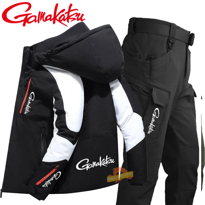 

Gamakatsu Autumn Winter Men's Thickened Warm Fishing Suits Outdoor Windproof Hooded Climbing Jacket + Waterproof Tactical Pants