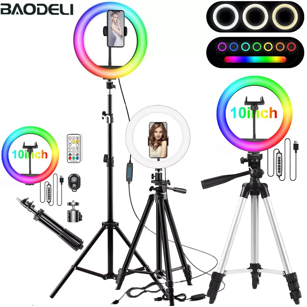 

26cm RGB Selfie Ring Light Circle LED Fill Light Dimmable Lamp Trepied Makeup Photography RingLight Phone Stand Holder Tripod