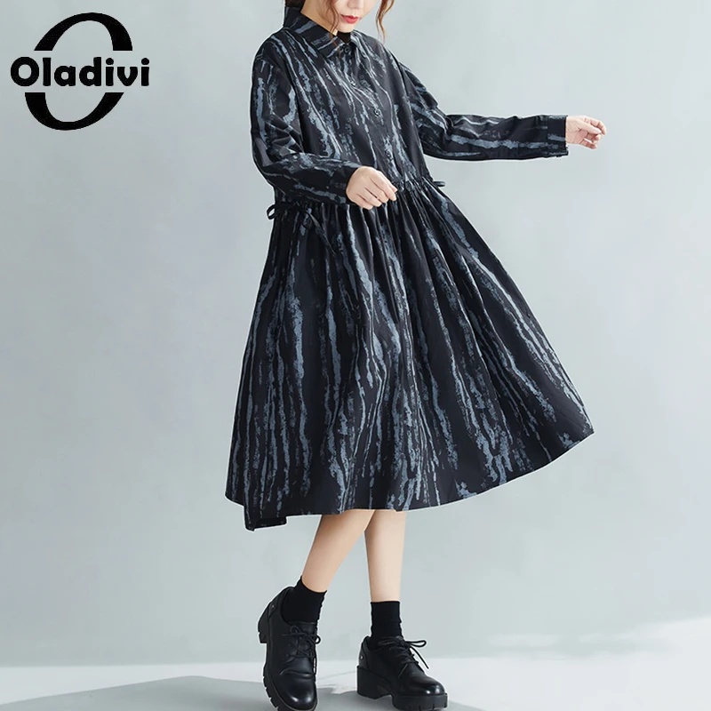 Oladivi Oversized Women Clothing Fashion Print Shirt Dress 2022 Autumn New Casual Loose Black Dresses Female Vestidios Robe 333