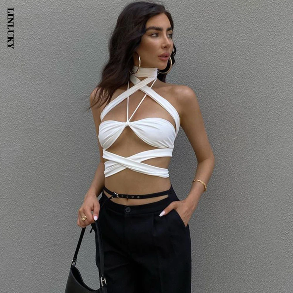 

2022 New Summer Fashion Sexy Women T-shirt Navel Hollow Out Straps Halter Neck Tops Tees Nightclub