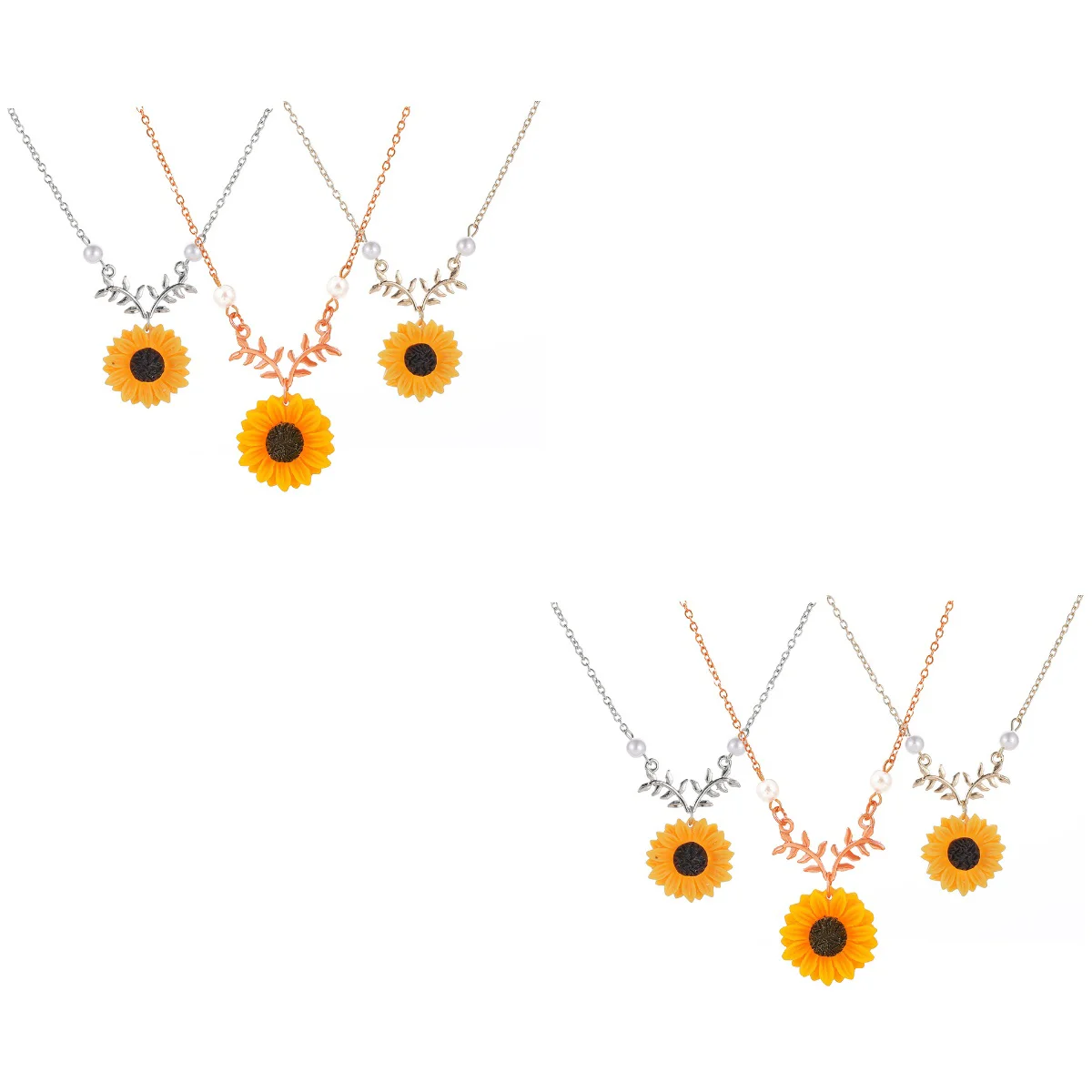 

6 pcs Sunflower Pearl Leaf Chain Metal Bohemia Drop Pendant Choker Necklace