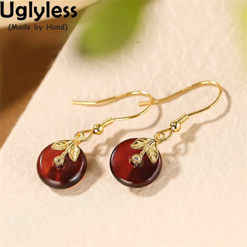 

Uglyless Classic Peace Buttons Natural Blood Amber Earrings Women Retro Ethnic 925 Silver Leaves Earrings Gold Crystals Brincos