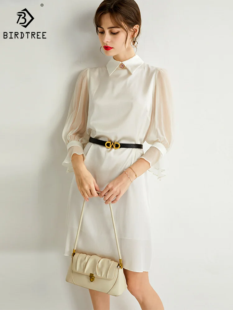 Birdtree 93.4% Silk Heavy Dress for Women Elegant Turn-down Collar Puff Sleeve Slim Waist with Belt Dress Spring Summer D37520QM