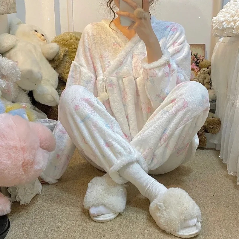 QWEEK Warm Coral Velvet Women's Pajamas Set Trouser Suits Kawaii Two-piece Cute Soft Japanese Sweets Home Wear Clothes