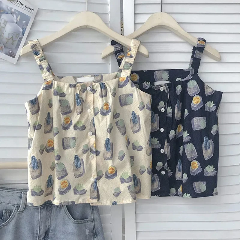 

Zoki Vintage Floral Women Sleeveless Vest Korean Summer Preppy Style Aesthetic Top Fashion Single Breasted Casual All Match Tops