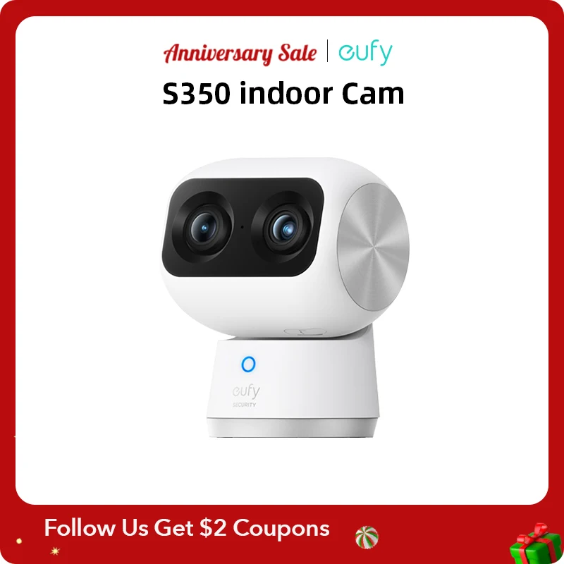  Камера видеонаблюдения eufy S350, двойная камера безопасности 4K UHD, 8 × зум, 360 °, PTZ, Wi-Fi