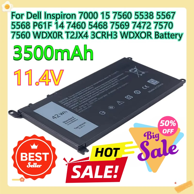 Фото Аккумулятор WDX0R T2JX4 3CRH3 WDXOR для Dell Inspiron 7000 15 7560 5538 5567 5568 P61F 14 7460 5468 7569 7472 7570 7560 №1