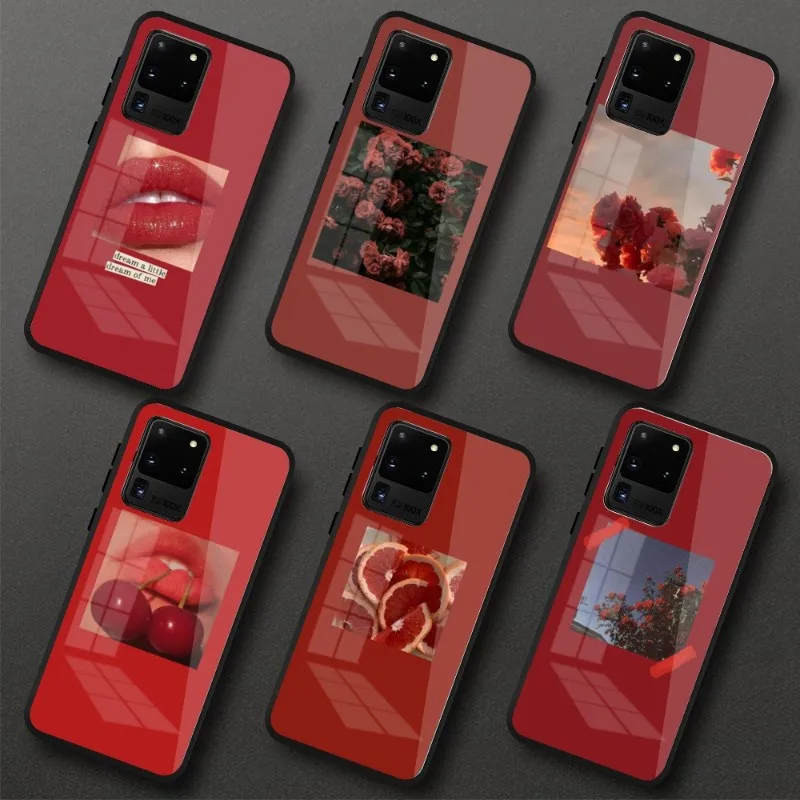 Retro Red Pattern Art Phone Case For Samung A32 A51 A52 NOTE 10 20 S10 S20 S21 S22 Pro Ultra Black PC Glass Phone Cover