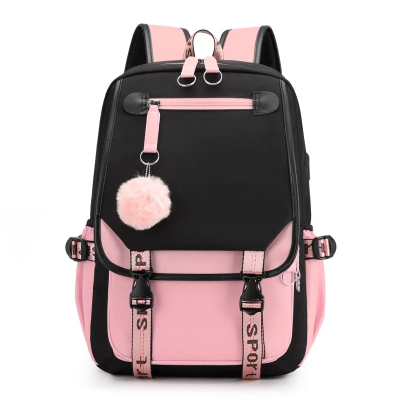 

Large School Bags For Teenage Girls USB Port Canvas Schoolbag Student Book Bag Fashion Black Pink Teen School Backpack