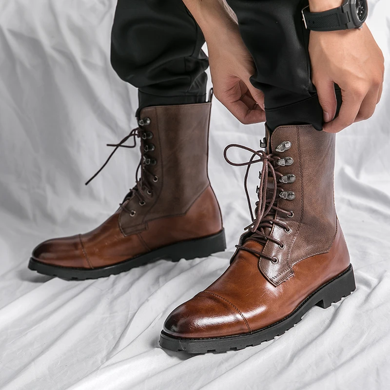 

Men Vintage Cowboy Motorcycle Boots Leather Mid-Calf Lace Up Trend Punk Outdoor West Work Safety Shoes Military Boot Desert Shoe