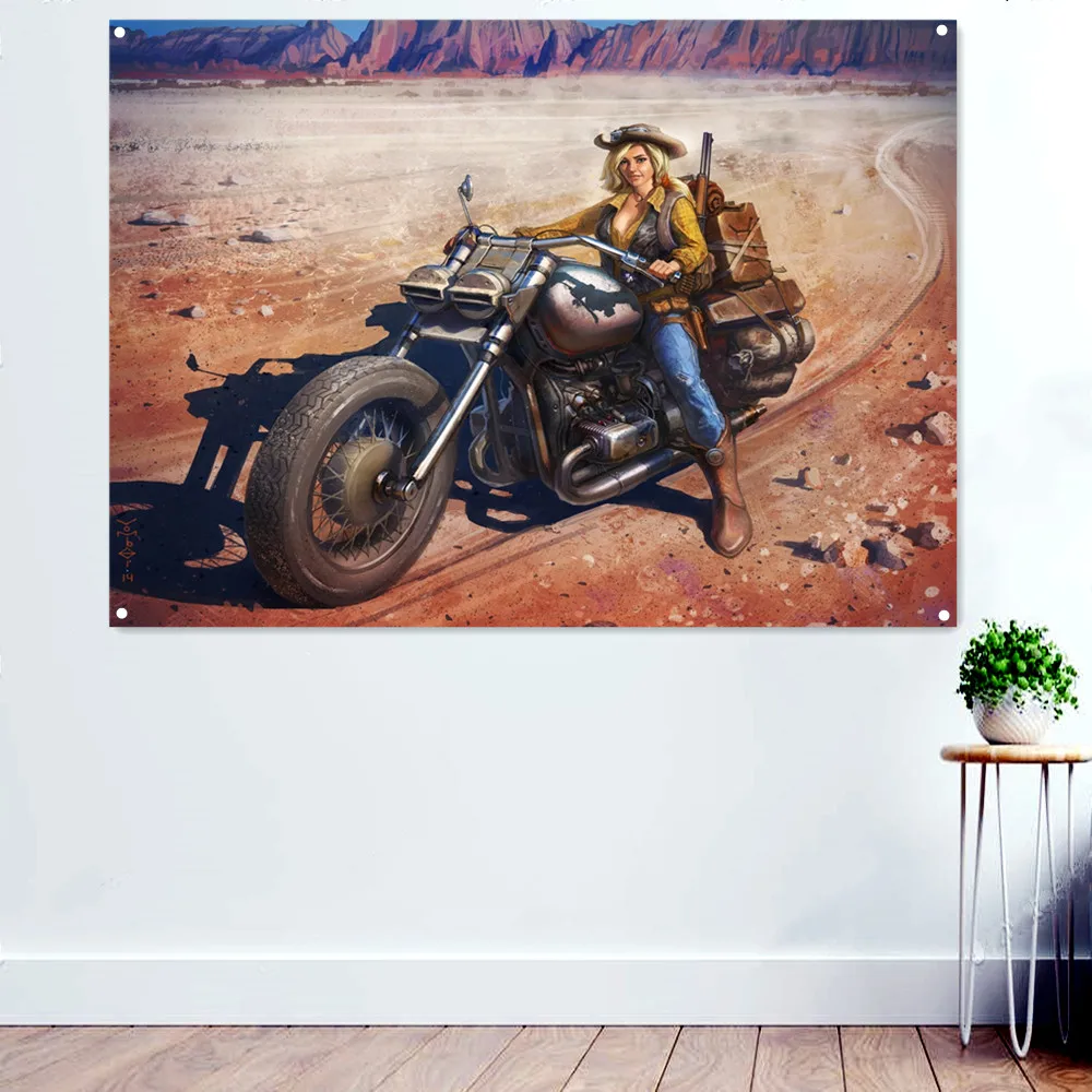 

Cowgirl Motorcycle Rider Wall Art Posters Prints Banner Flag Man Cave Garage Locomotive Repair Shop Wall Decor Painting Tapestry