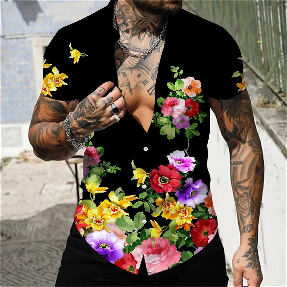 New Summer Man Short Sleeve Shirt With Bouquet High Quality Man Vintage Shirt Male Retro Casual Fashion Color Breathable Leisure