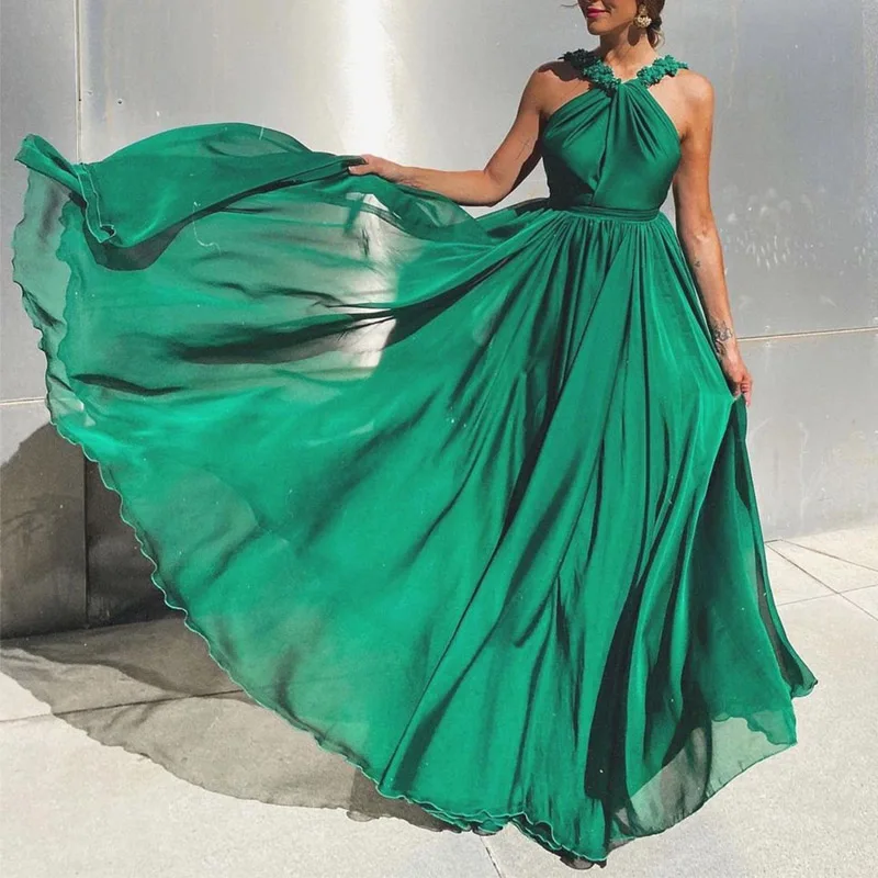 

Lady Casual Sleeveless Pleated Beach Dress Elegant Halter Lace-up Chiffon Long Dress Summer Solid Color High Waist Big Dress