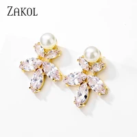 zakol korean fashion clear color cubic zirconia pearl stud earrings female cute earring accessories women wedding jewelry ep1060