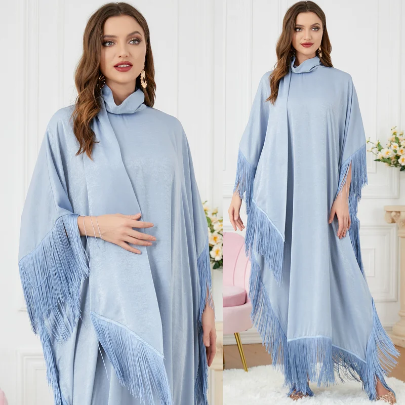 Fringe Kaftan Moroccan Batwing Caftan for Women Soft Satin Patchwork Scarf Batwing Muslim Long Dress Dubai Turkish Modest Abayas